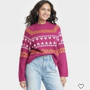 Universal Thread Fuchsia Pink Knitted Fair Isle Sweater Cropped Mock Neck Sz L